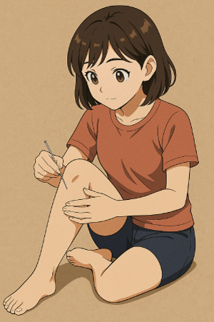 中国人の友人が自分の足に鍼を打っている様子（足三里へのセルフ鍼）