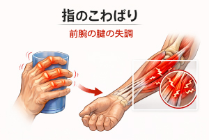 前腕の腱の失調と指のこわばりの関係を示した図