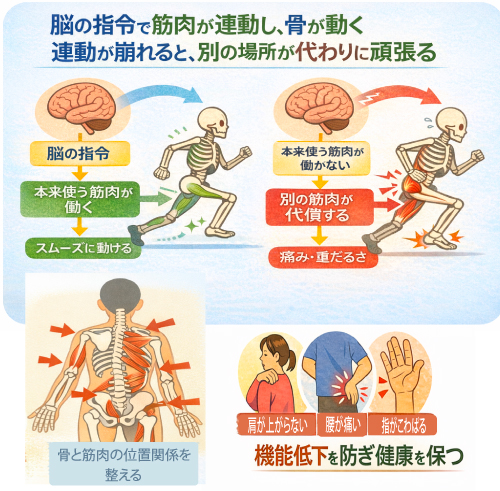 脳と筋肉の連動と、連動の崩れによる不調を示した図