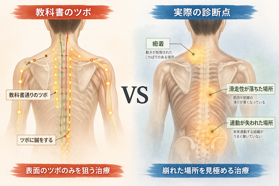 教科書的なツボと実際の診断点の違いを比較した図